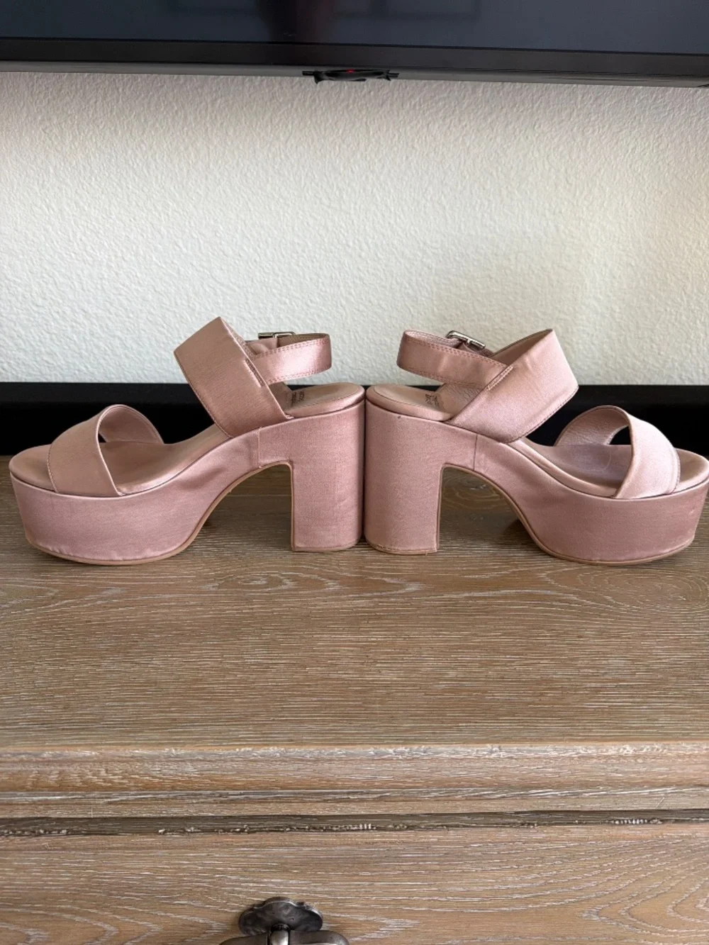Jeffrey Campbell Moody Taupe Satin platform strap ankle heel size 8.5